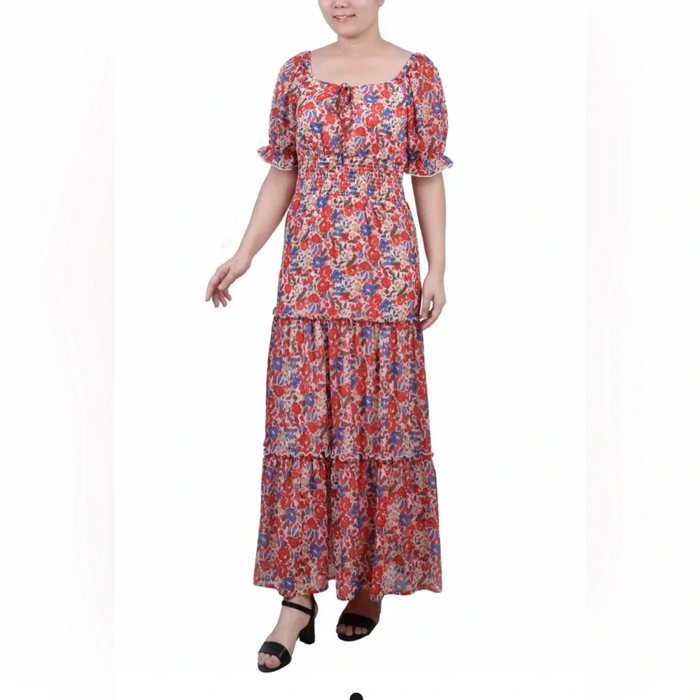 New Ny Collection Women's Maxi Red Floral Short Sleeve Dress - Picture 1 of 4
